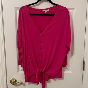 Green Envelope Fuchsia Button-Down Blouse with Tie Front 2X